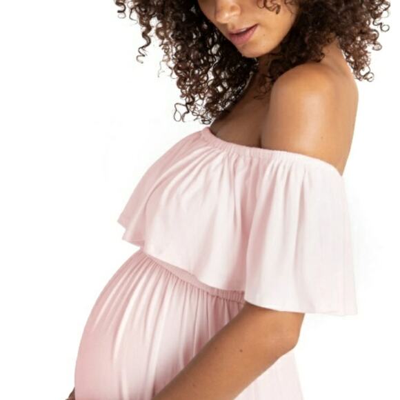 INGRID & ISABEL boho maternity ruffle off the shoulder pink maxi dress Sz S NEW - Picture 4 of 9